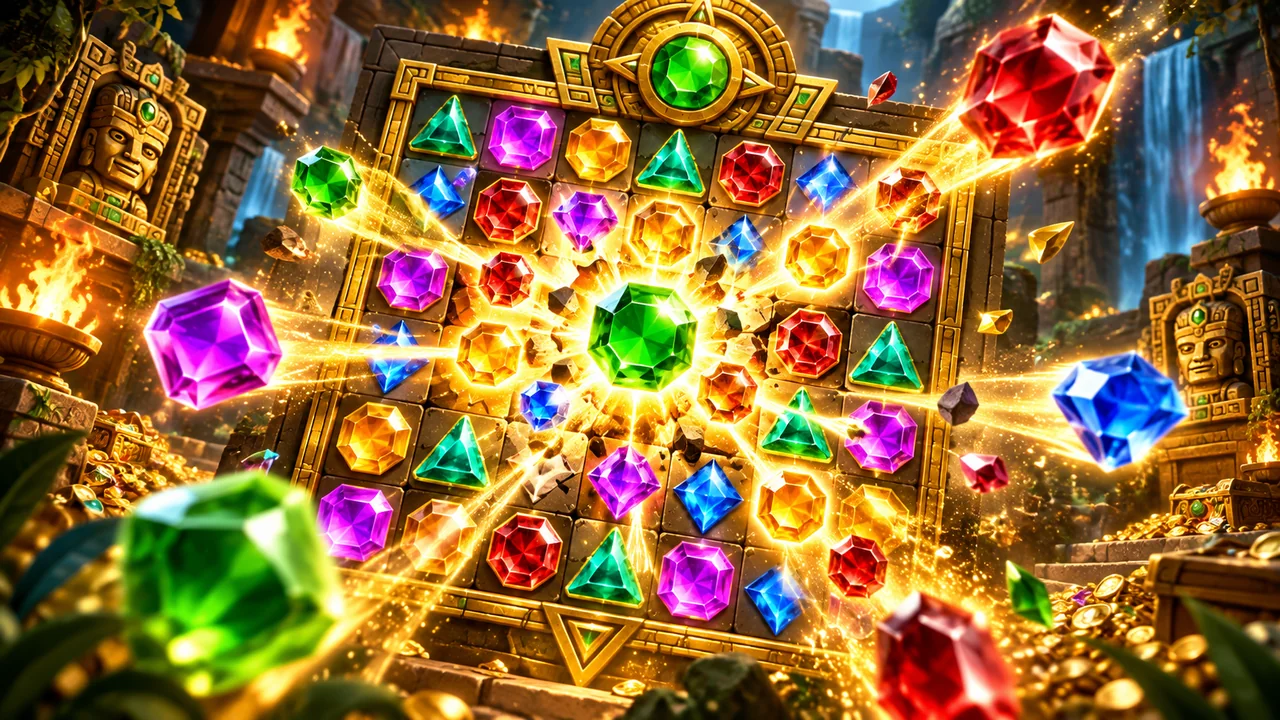 Cascata de gemas na grade 8×8 de Gems Bonanza em templo dourado