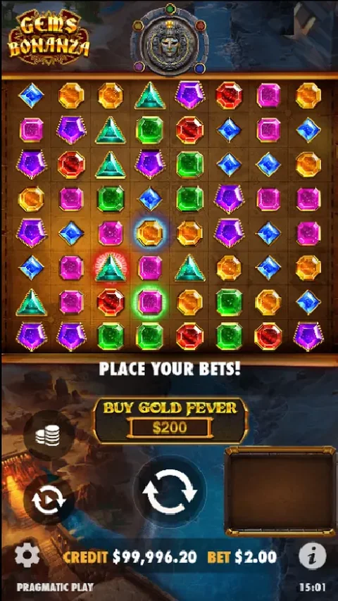 Tela mobile de Gems Bonanza com grade colorida de gemas